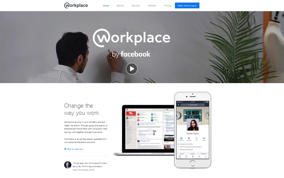 　「Workplace by Facebook」のトップページ　ⒸFacebook