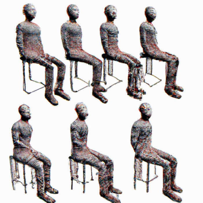 　画像生成AIの使い道としてパースの点景をつくるのは良い使い道だと思います。人物は割と上手
　に作れるみたいだし。DALL・E 2で点景用に「椅子に座った人」を求めたのですが・・・。
　誰もジャコメッティにしろとは言ってないのになんでこうなった・・・。

