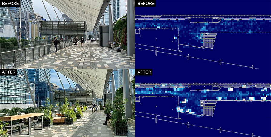 　 滞在データに基づく空間改善提案のイメージ
　（設置した什器による人の滞在効果を検証し、より快適な空間提案を実現）　Ⓒ日建設計