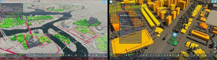 　Cities Skylines II: Forms of analysis, zoning residential areas (left) 
　　　　　　　　　　power distribution network (right)