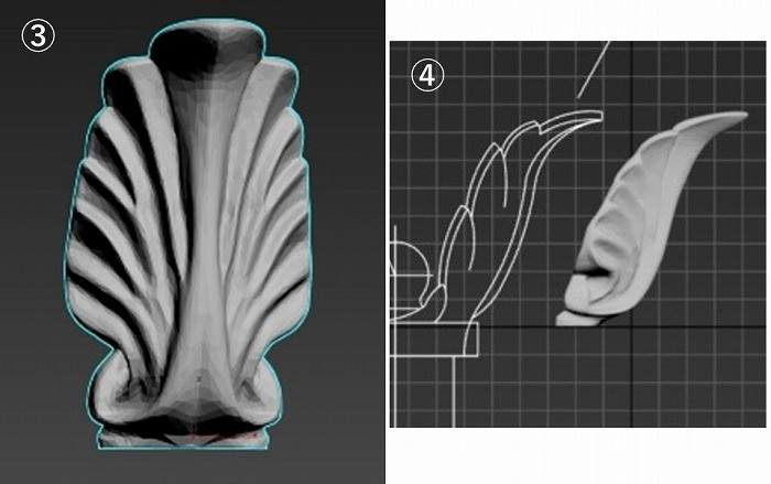 　図２　③3Dモデル生成（アカンサスの葉）、④3Dモデルデータ修正の様子