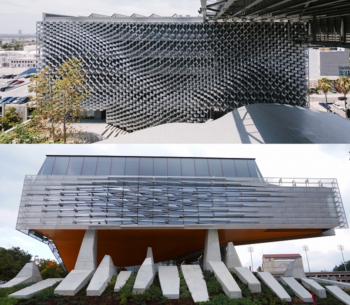 　図12. 筆者が形状の統合を利用してファサード設計を行ったMorphosisによるエマーソン大学
　　　　ロサンゼルス校の中庭と、コーネル大学ゲイツホール（エマーソン大学ロサンゼルス校
　　　　写真撮影：渡辺太陽）